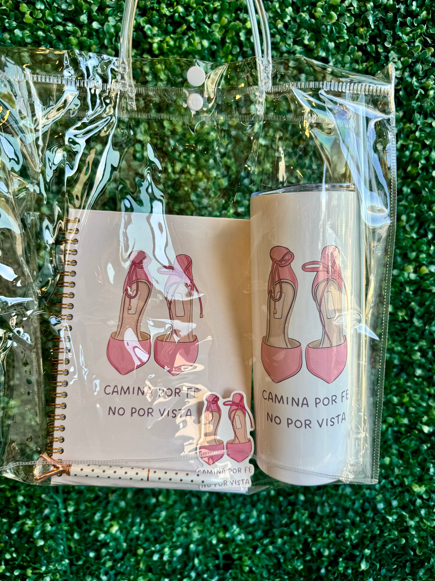 Camina Por Fe No Por Vista -Christian Notebook , Tumbler & Sticker Set | Christian Stationery