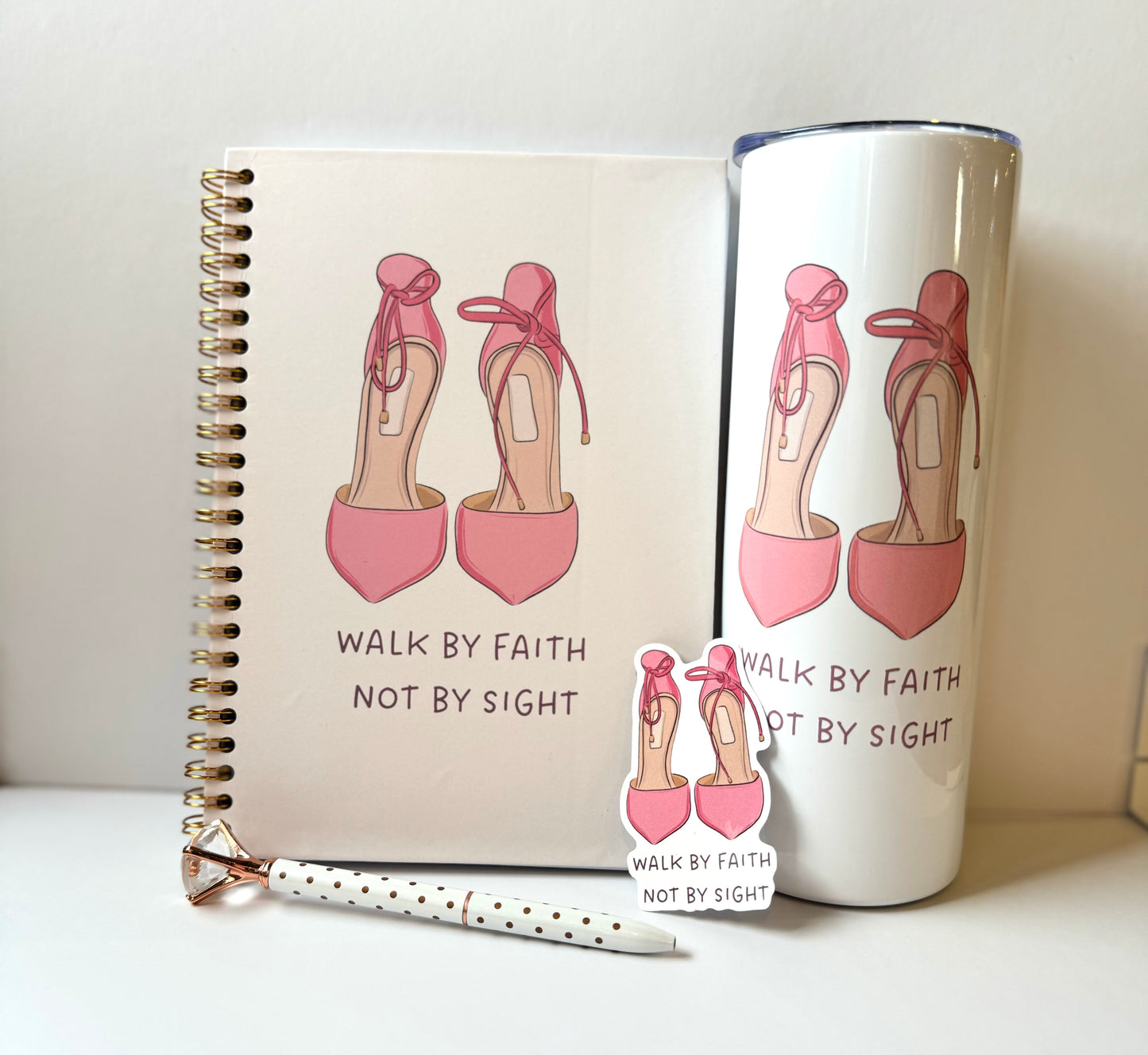 Walk by Faith not by Sight Notebook Tumbler Sticker and Pen Gift Set