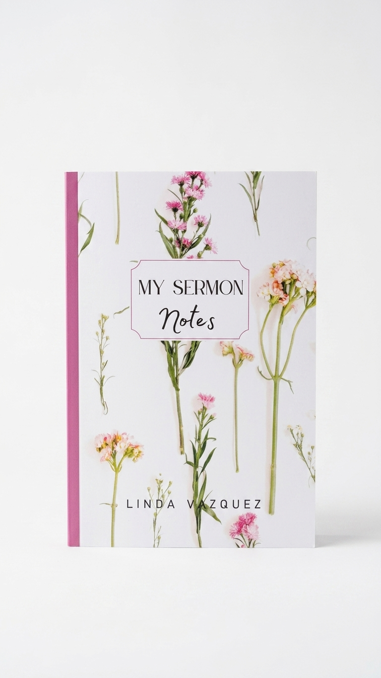 Notebook with floral design and 'My Sermon Notes' text on a white background