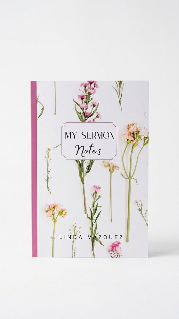 Notebook with floral design and 'My Sermon Notes' text on a white background