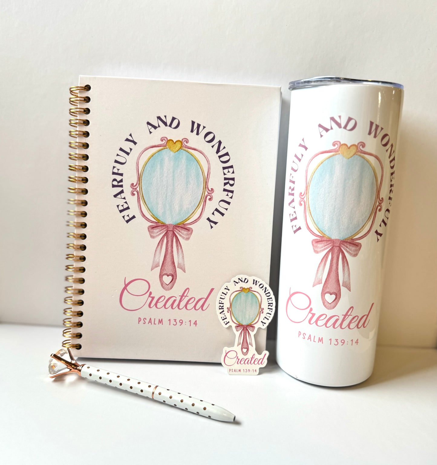 Fearfully and Wonderfully Created ( Psalm 139:14) Christian Notebook , Tumbler & Sticker Set | Christian Stationery