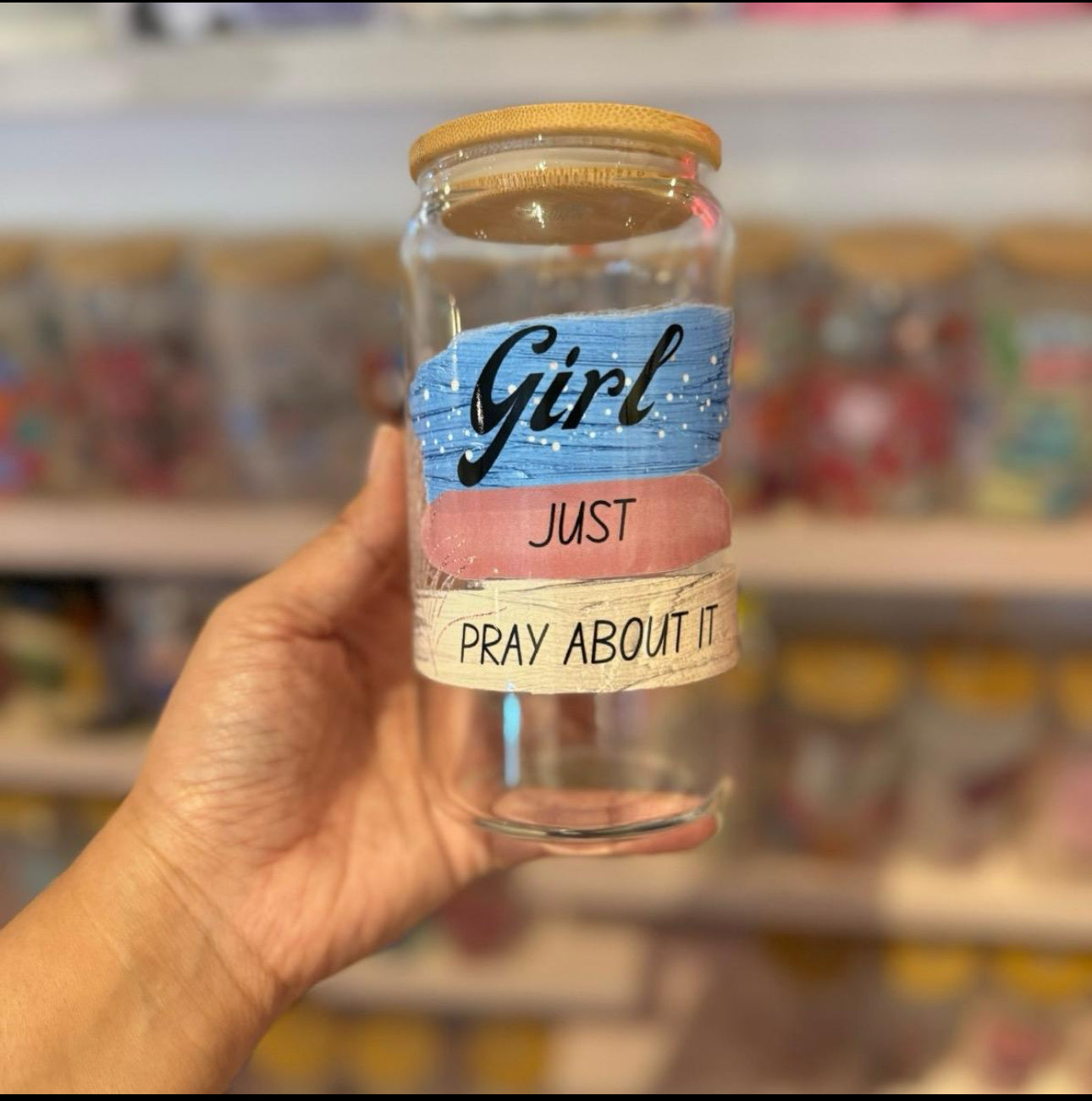 Girl Just Pray About It Libbey Glass Can with Bamboo Lid 16 oz