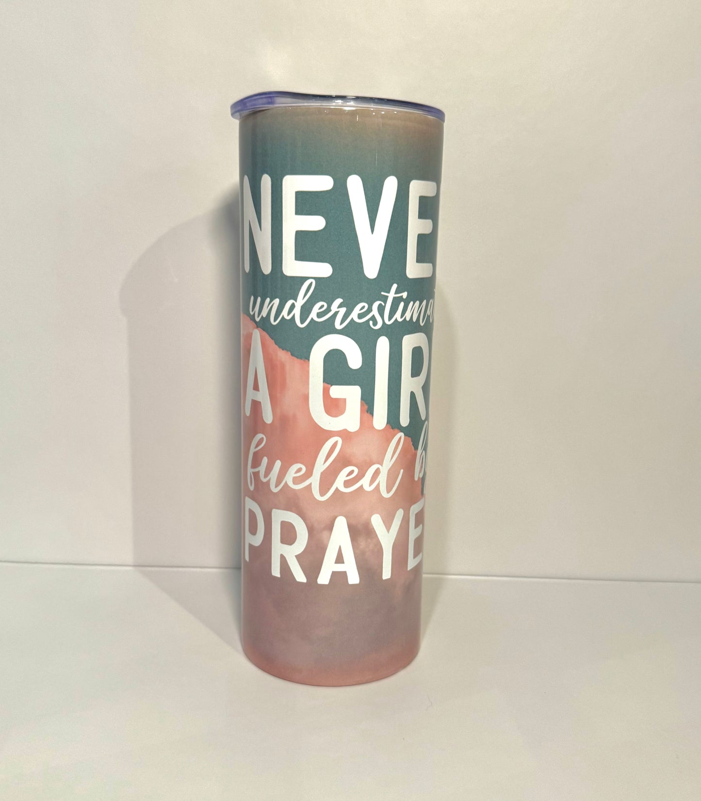 Never Underestimate a Girl Fueled by Prayer Christian Tumbler