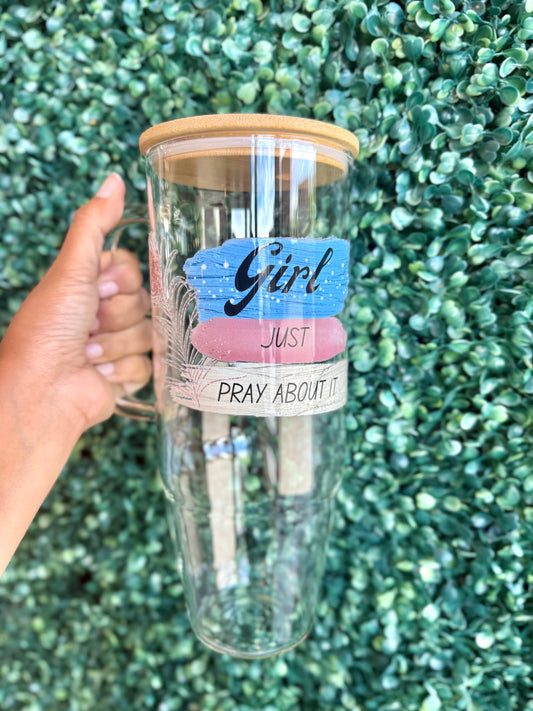 Girl Just Pray About It 40oz Clear Glass Tumbler with Handle, Glass Cups Mug with Bamboo Lid and Plastic Straw
