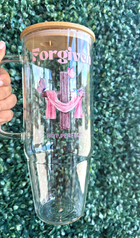 Forgiven Not Perfect 40oz Clear Glass Tumbler with Handle, Glass Cups Mug with Bamboo Lid and Plastic Straw