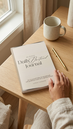 Daily emotional journal on a wooden table with a mug and pen, near a window.