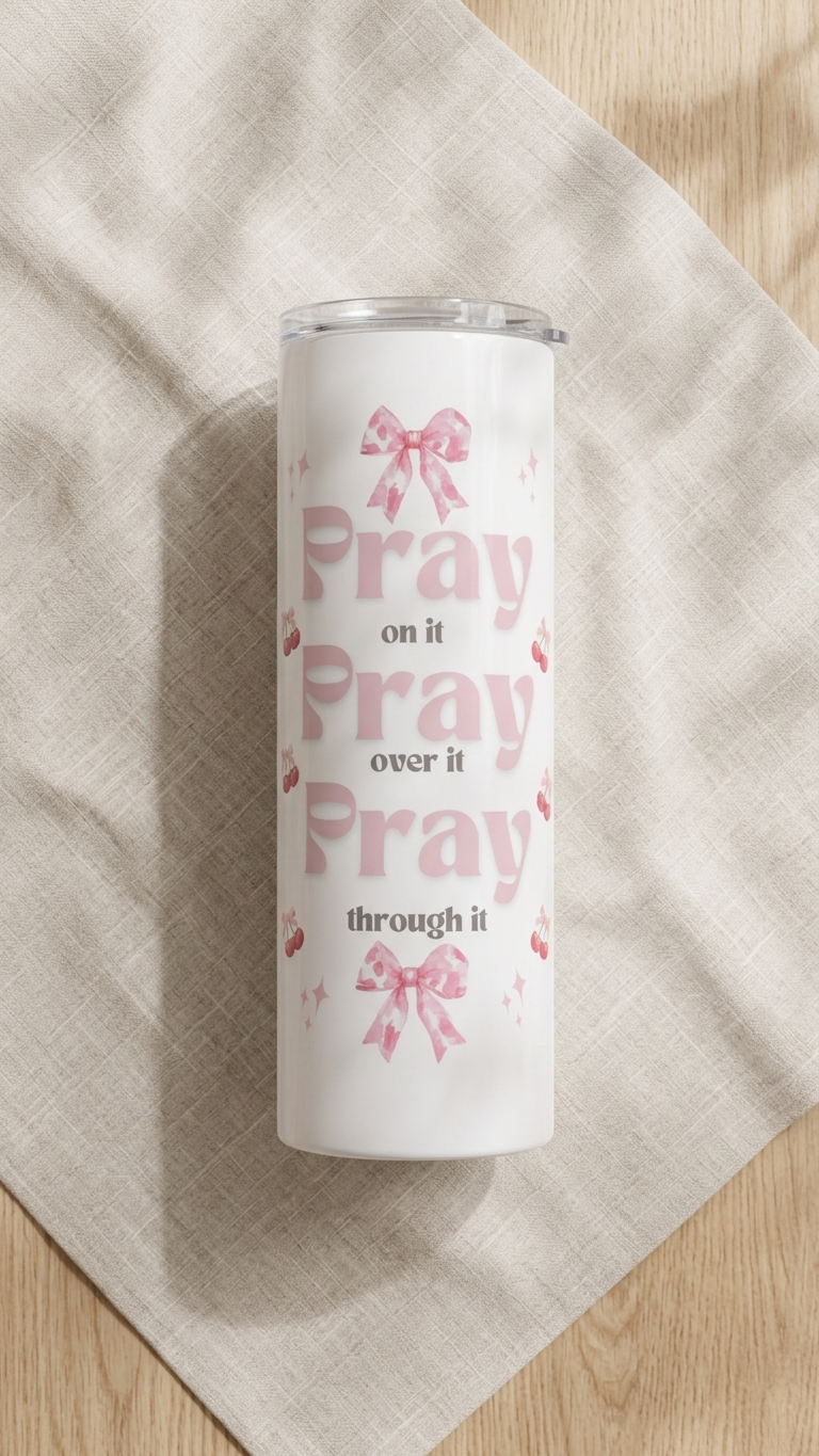 Pray on it pray over it pray through it Christian tumbler with pink bows and cherries β Quelinda