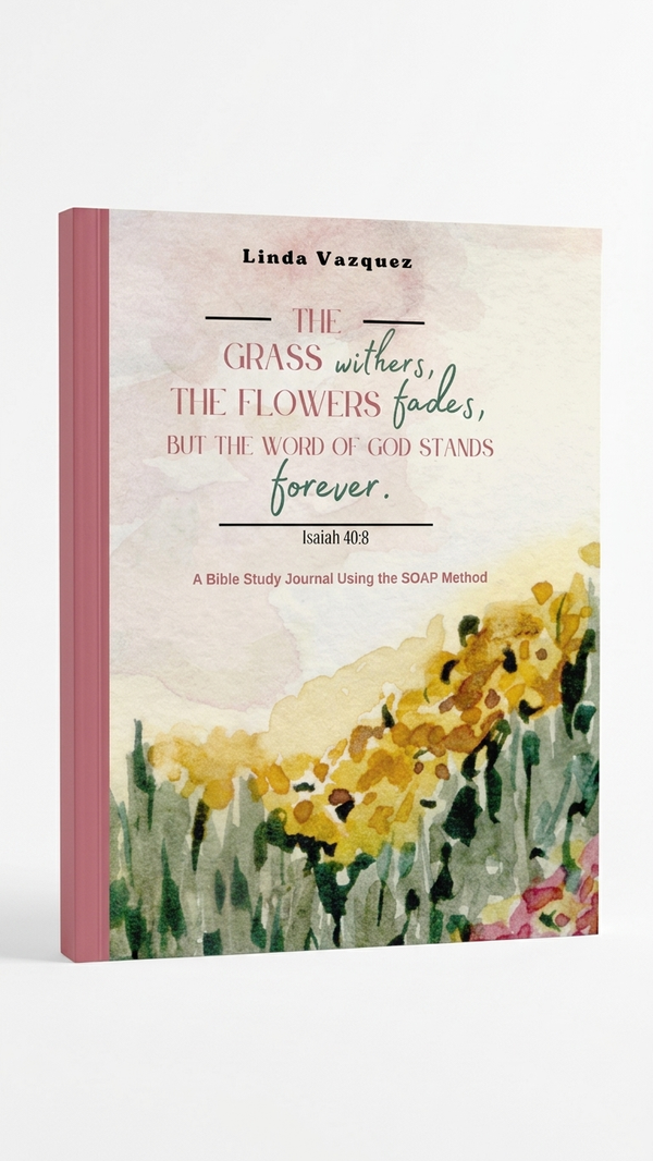 Book titled 'The Grass Withers, The Flowers Fade, But the Word of God Stands Forever' by Linda Vazquez on a white background