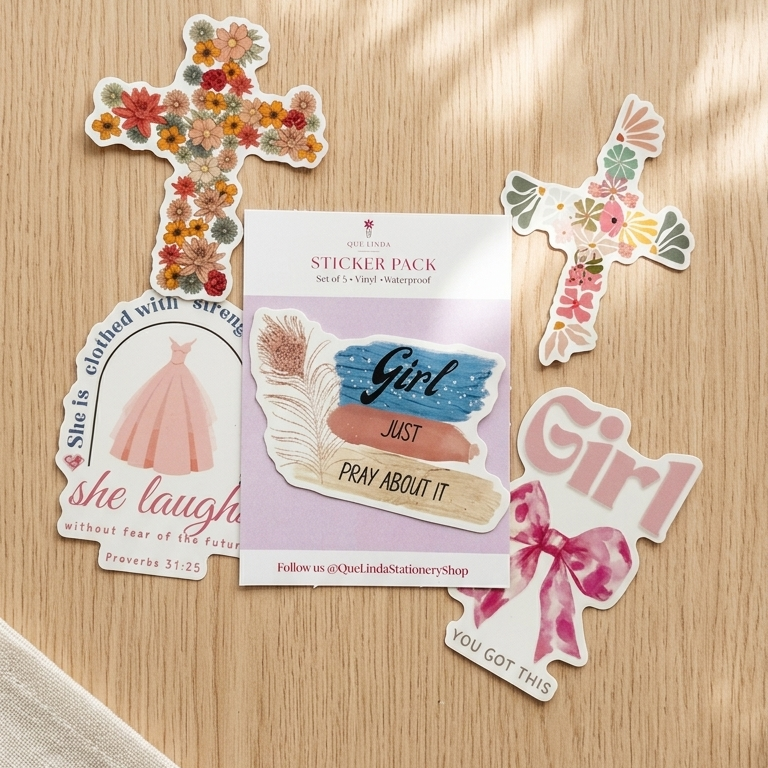 Collection of christian decorative stickers on a wooden surface