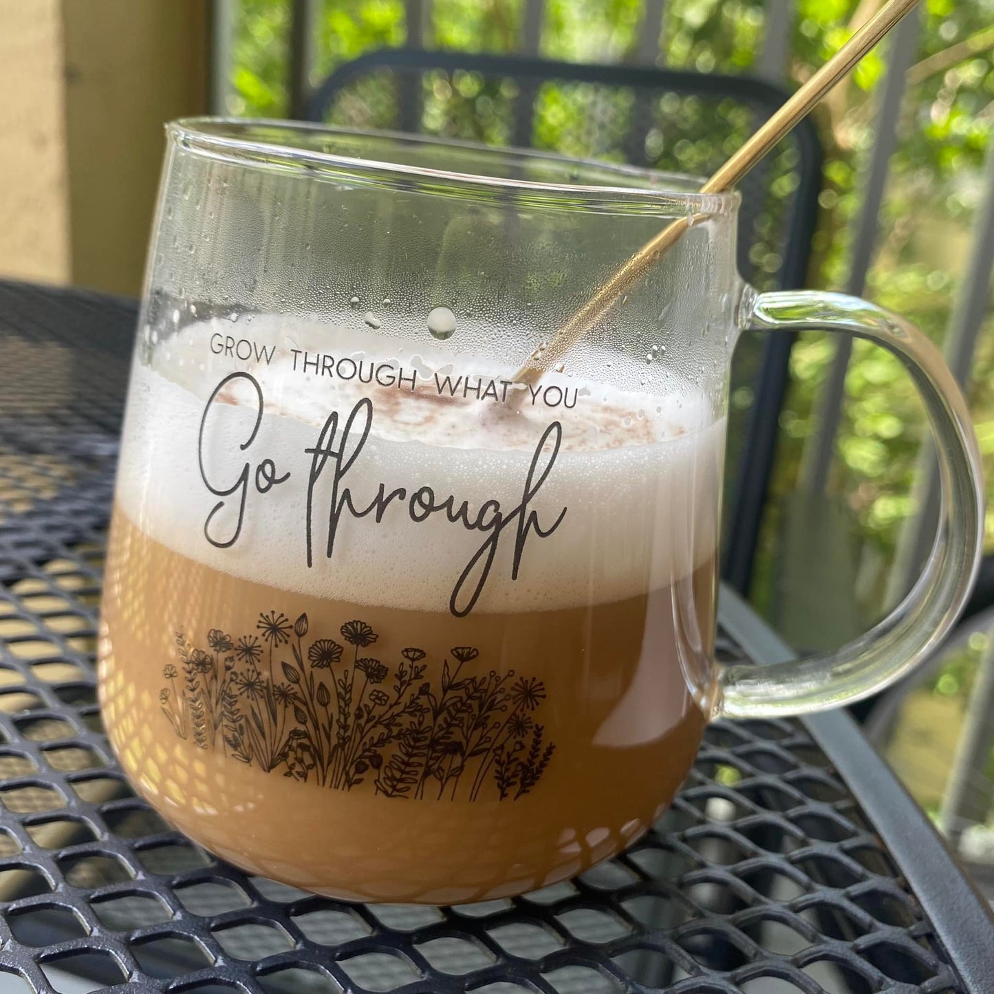Grow through what you GO THROUGH | Inspirational Coffee Mug | Clear Mug | Comes with gold spoon