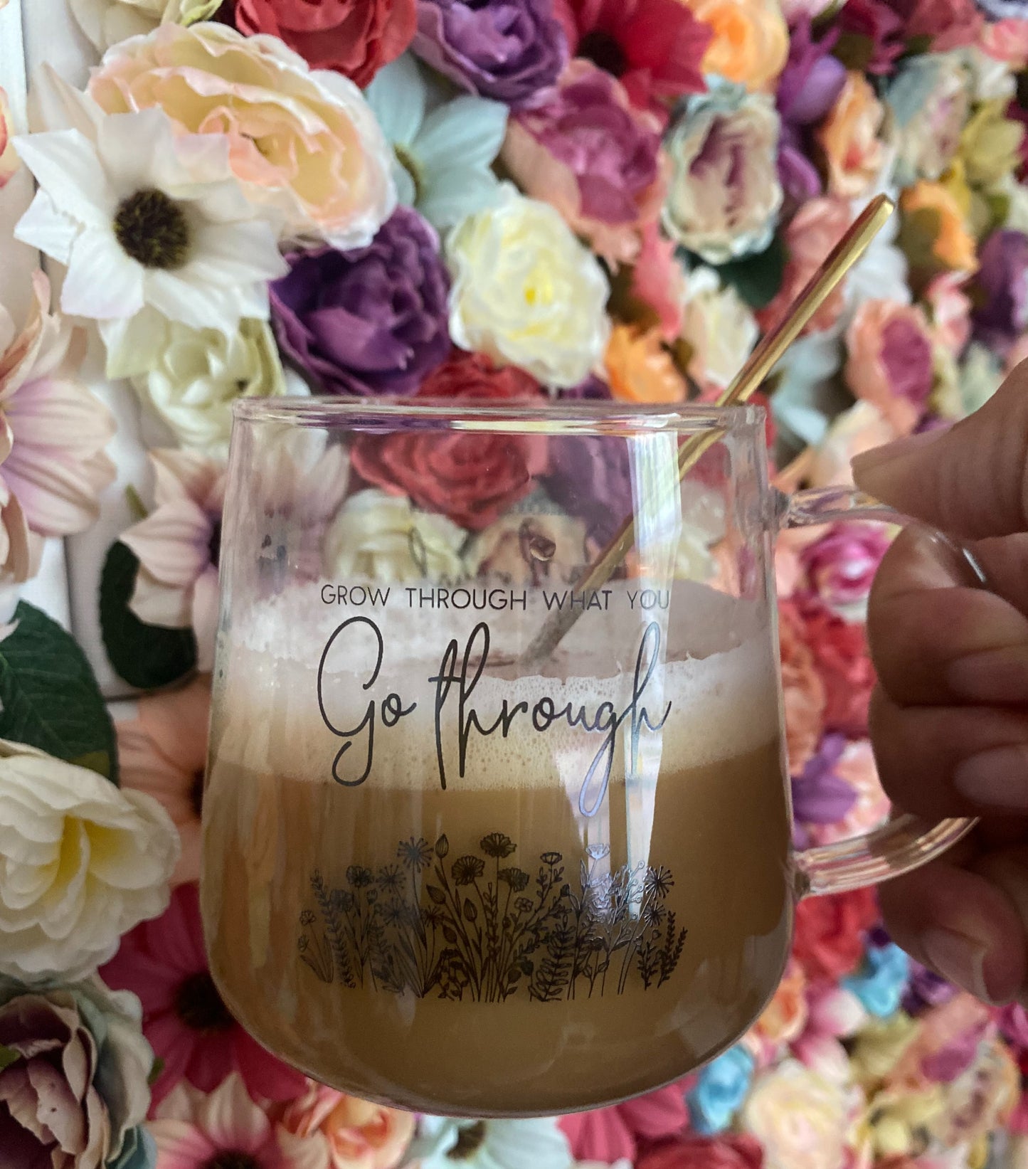 Grow through what you GO THROUGH | Inspirational Coffee Mug | Clear Mug | Comes with gold spoon