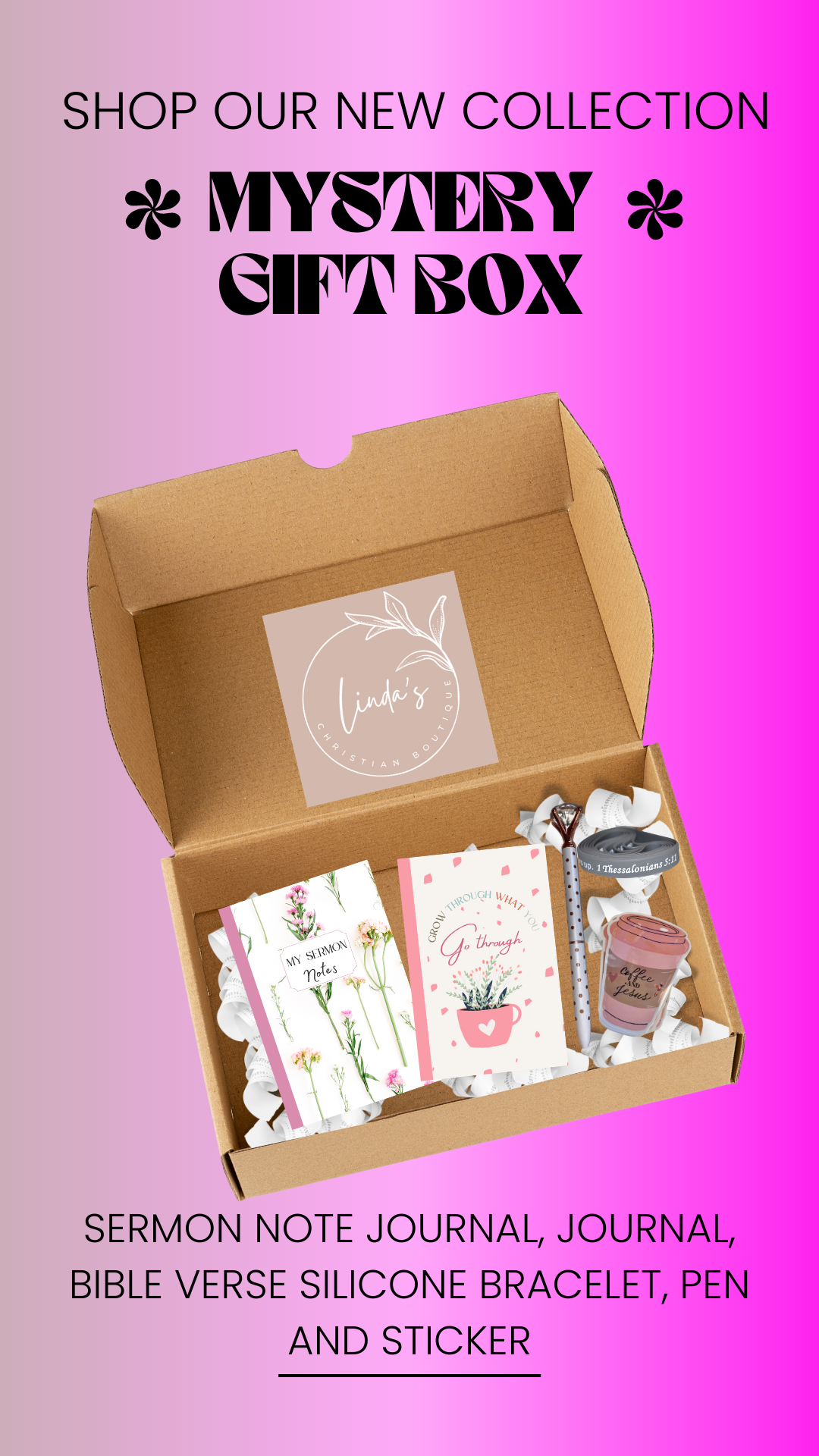 Sermon Note Journal Mystery Gift Box | Comes with a Journal, Bible Verse Rubber Bracelet, Pen, and Vinly Sticker