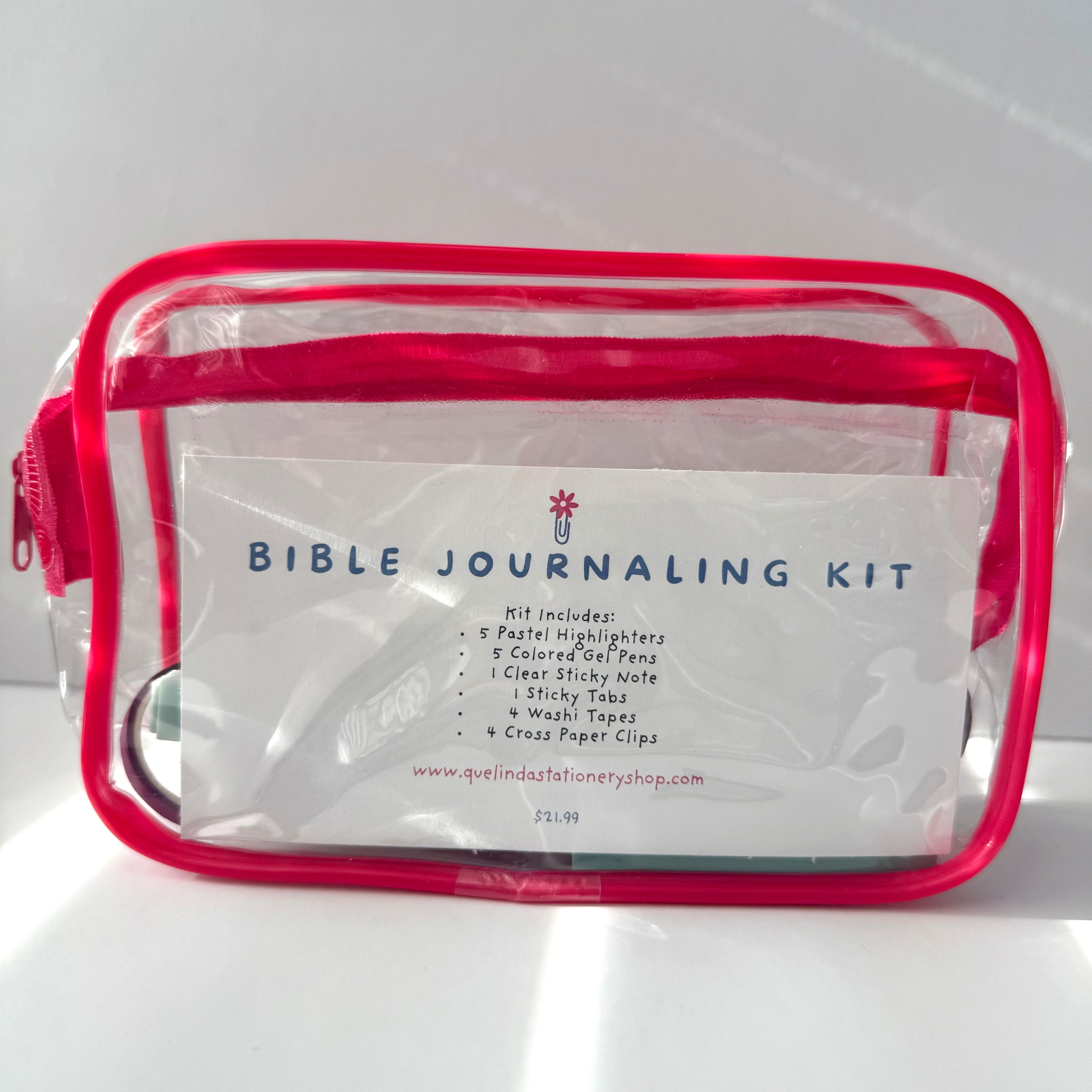 Bible Journaling Kit with pastel highlighters, gel pens, washi tape, sticky tabs & a portable pencil case. Perfect for Bible study, journaling with God, devotional time, and Christian gifts for women and teens.
