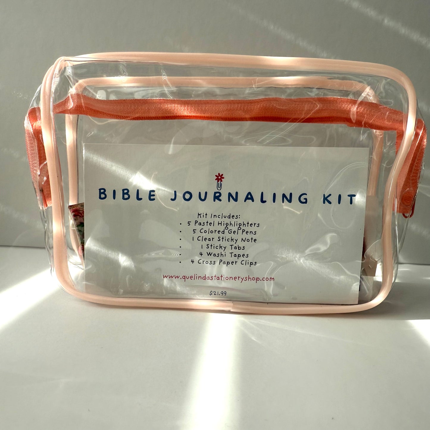 Bible Journaling Kit with pastel highlighters, gel pens, washi tape, sticky tabs & a portable pencil case. Perfect for Bible study, journaling with God, devotional time, and Christian gifts for women and teens.