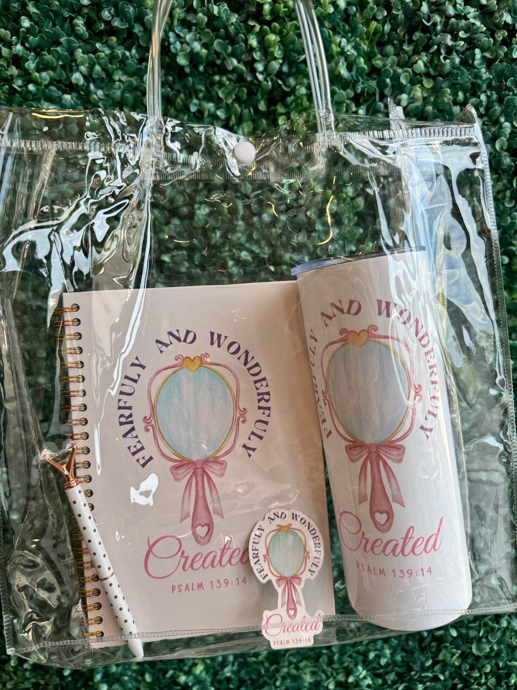 Fearfully and Wonderfully Created ( Psalm 139:14) Christian Notebook , Tumbler & Sticker Set | Christian Stationery