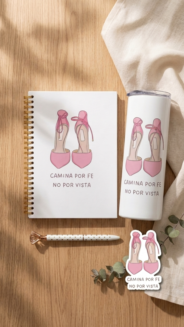 Set de regalo cristiano Camina Por Fe No Por Vista – libreta, vaso, bolígrafo y sticker – Quelinda
