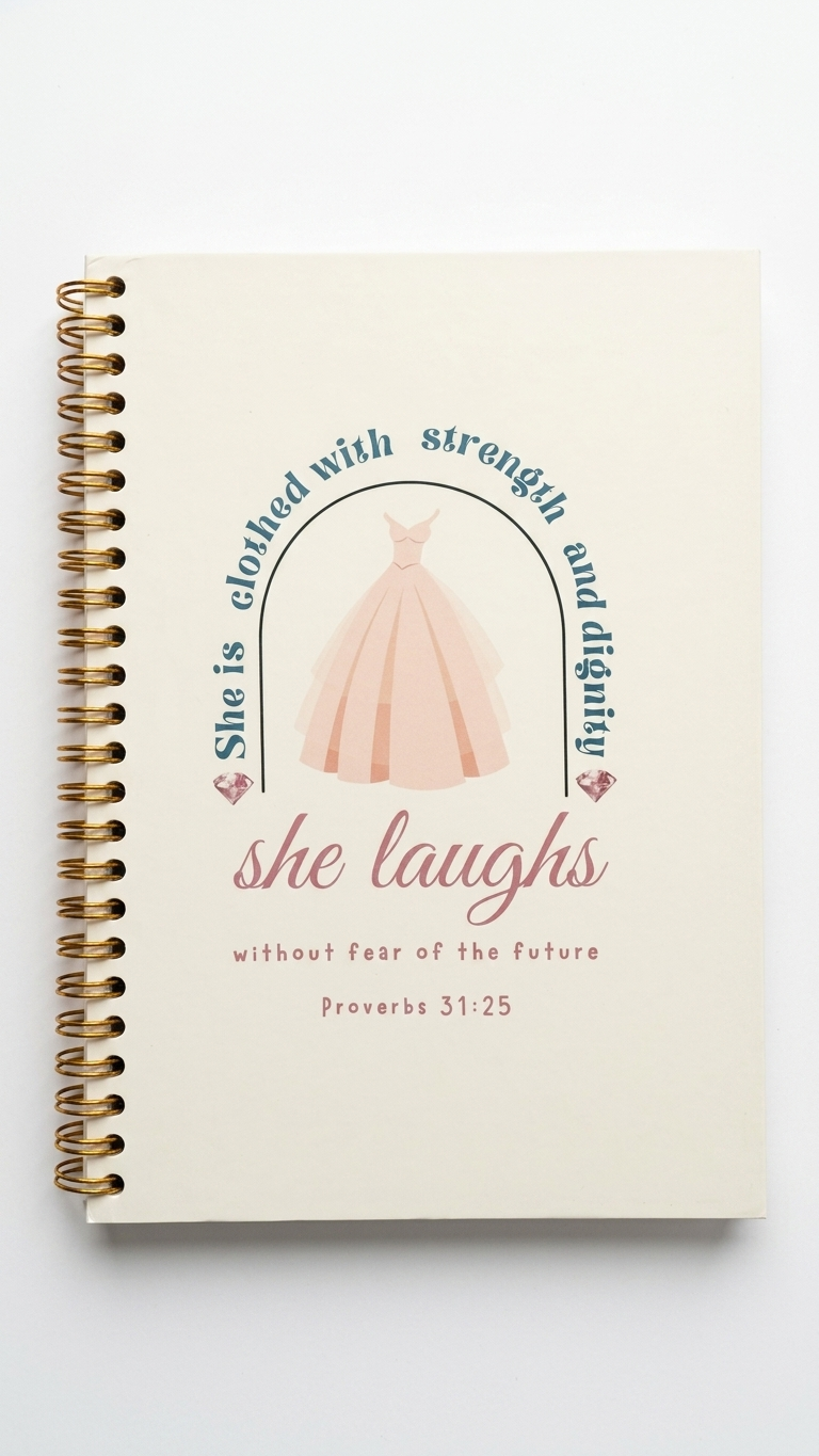 Notebook with decorative design and text on a white background