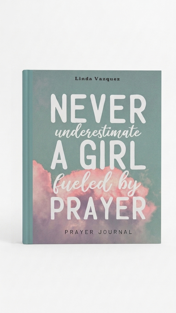 Prayer journal titled 'Never Underestimate a Girl Fueled by Prayer' by Linda Vazquez on a white background
