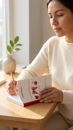 Woman reading a book at a table with a plant in the background