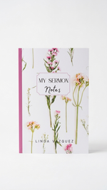 Notebook with floral design and 'My Sermon Notes' text on a white background