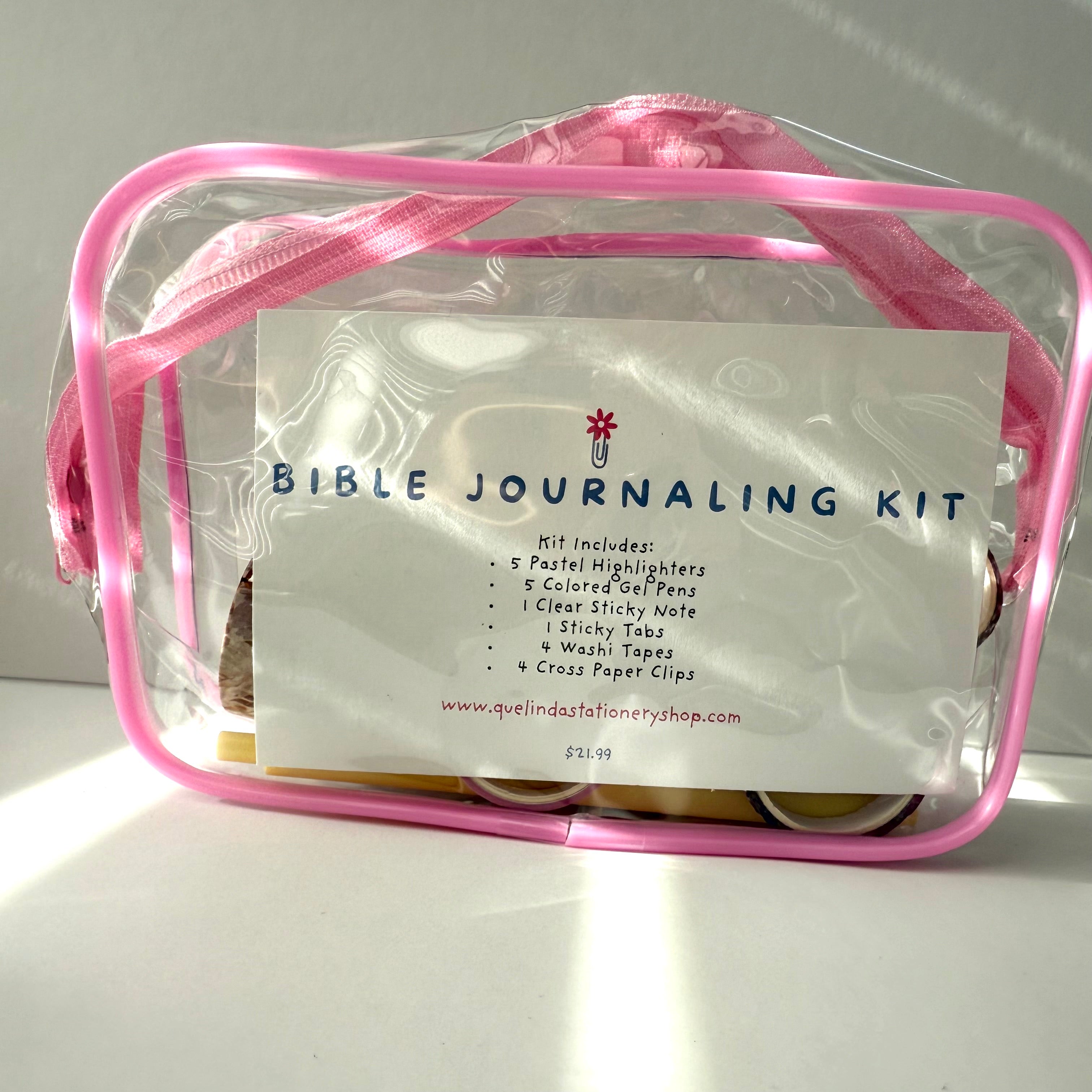 Bible Journaling Kit with pastel highlighters, gel pens, washi tape, sticky tabs & a portable pencil case. Perfect for Bible study, journaling with God, devotional time, and Christian gifts for women and teens.