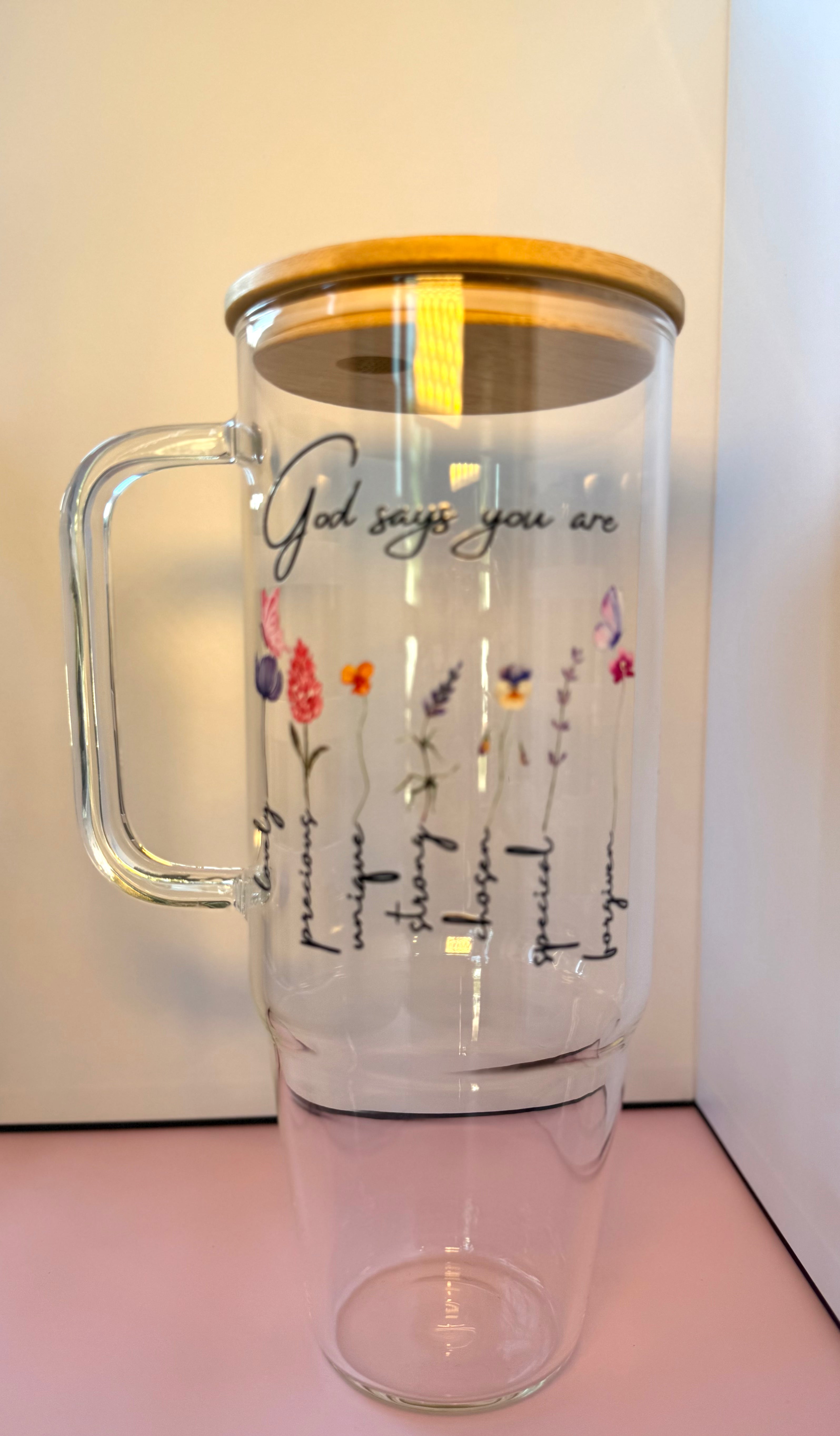 God says you are Affirmations 40oz Clear Glass Tumbler with Handle, Glass Cups Mug with Bamboo Lid and Plastic Straw