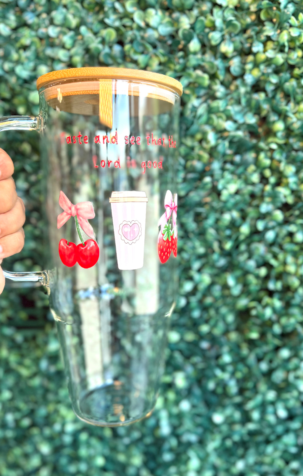 Taste and see that the Lord is good (Psalm 34:8)  40oz Clear Glass Tumbler with Handle, Glass Cups Mug with Bamboo Lid and Plastic Straw