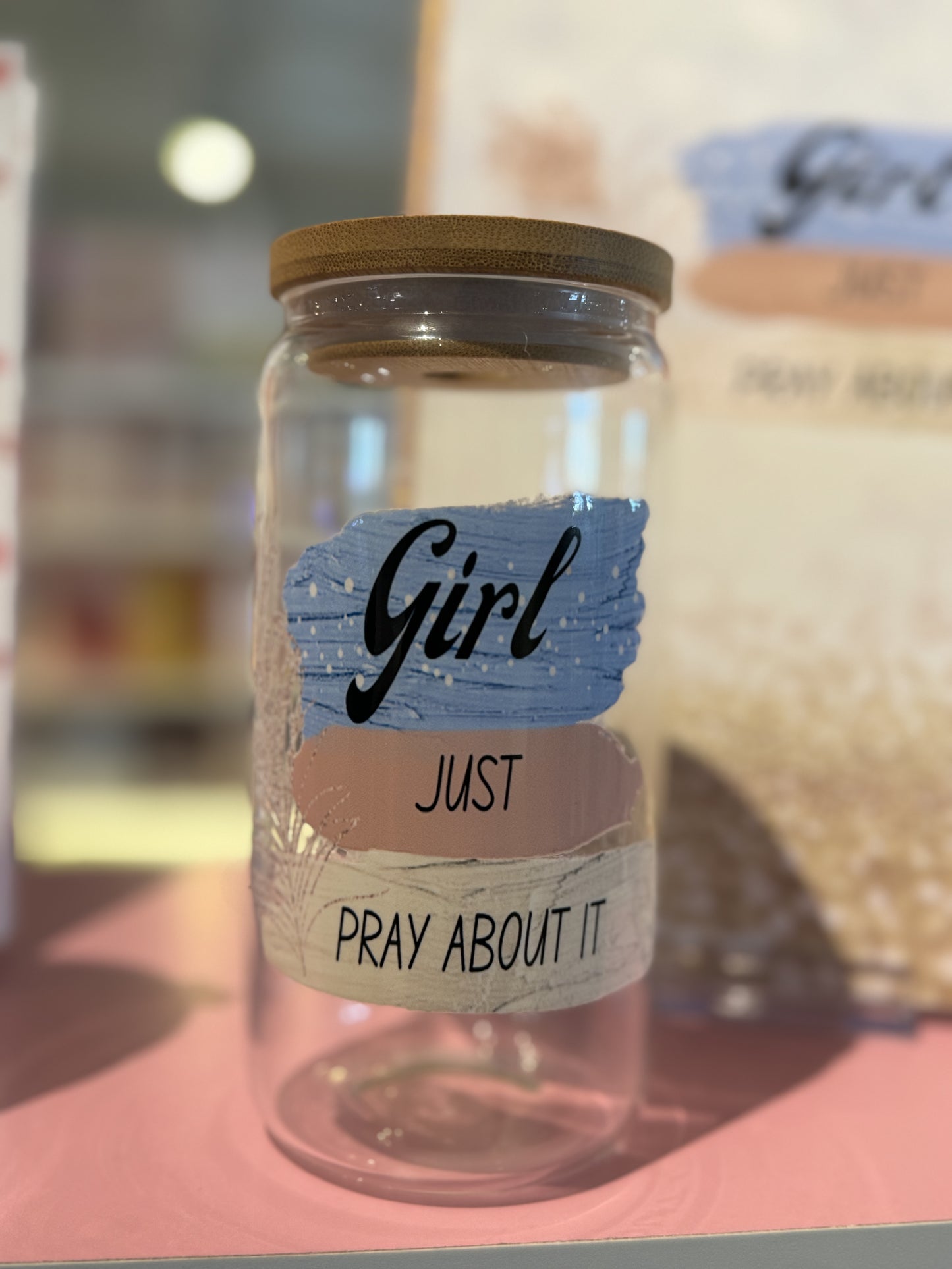 Girl Just Pray About It Frosted Libbey Glass Can with Bamboo Lid 16 oz