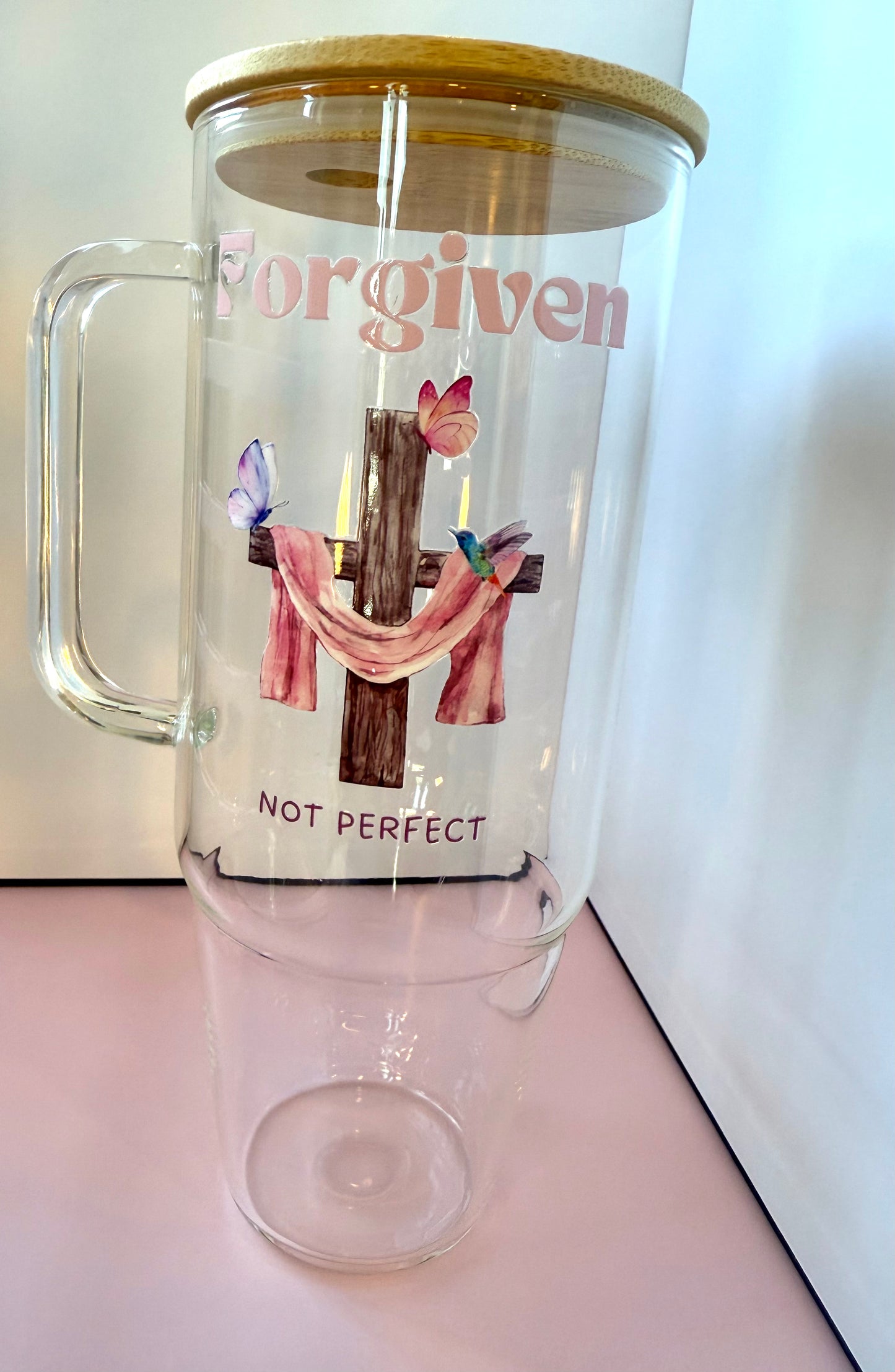 Forgiven Not Perfect 40oz Clear Glass Tumbler with Handle, Glass Cups Mug with Bamboo Lid and Plastic Straw