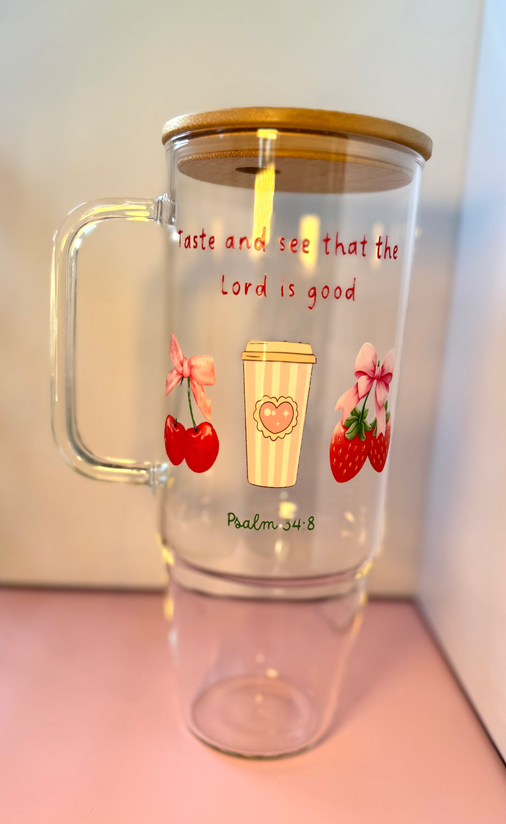 Taste and see that the Lord is good (Psalm 34:8)  40oz Clear Glass Tumbler with Handle, Glass Cups Mug with Bamboo Lid and Plastic Straw