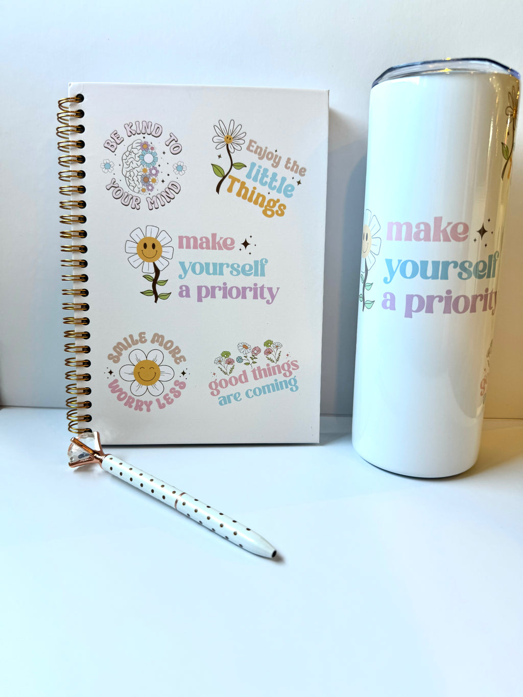 Make yourself a priority Notebook Tumbler Sticker and Pen Stationery Gift Set