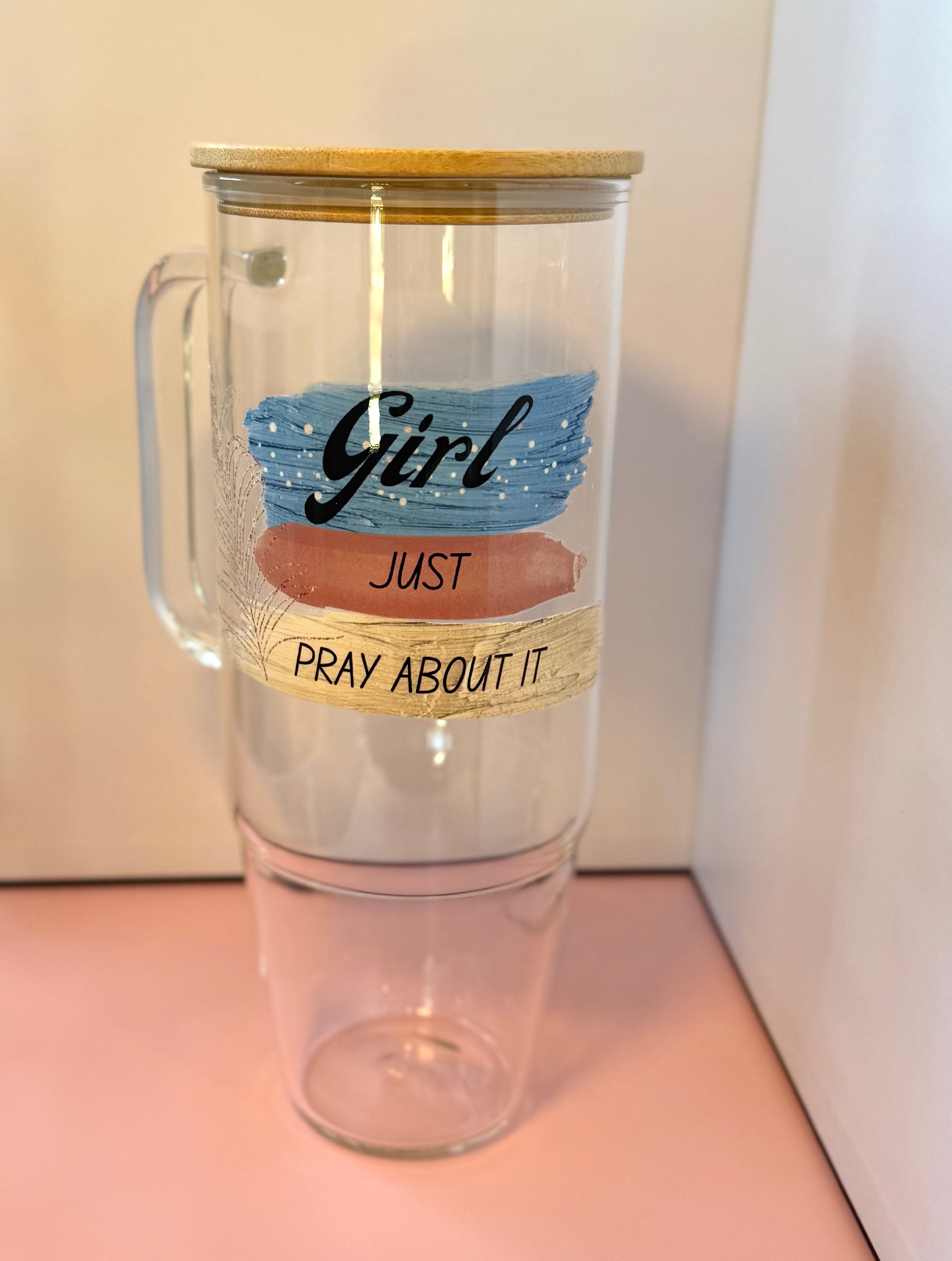 Girl Just Pray About It 40oz Clear Glass Tumbler with Handle, Glass Cups Mug with Bamboo Lid and Plastic Straw
