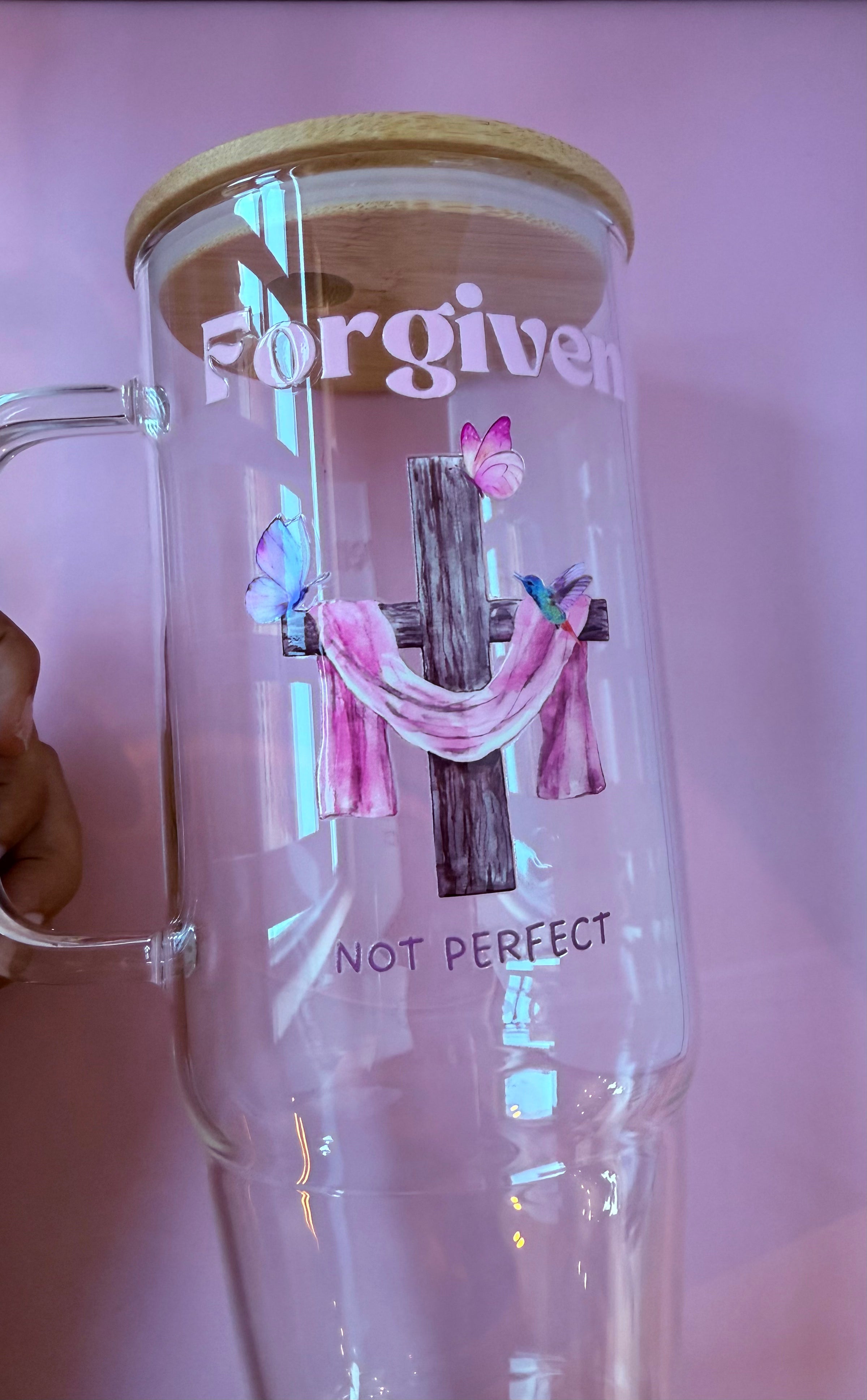 Forgiven Not Perfect 40oz Clear Glass Tumbler with Handle, Glass Cups Mug with Bamboo Lid and Plastic Straw