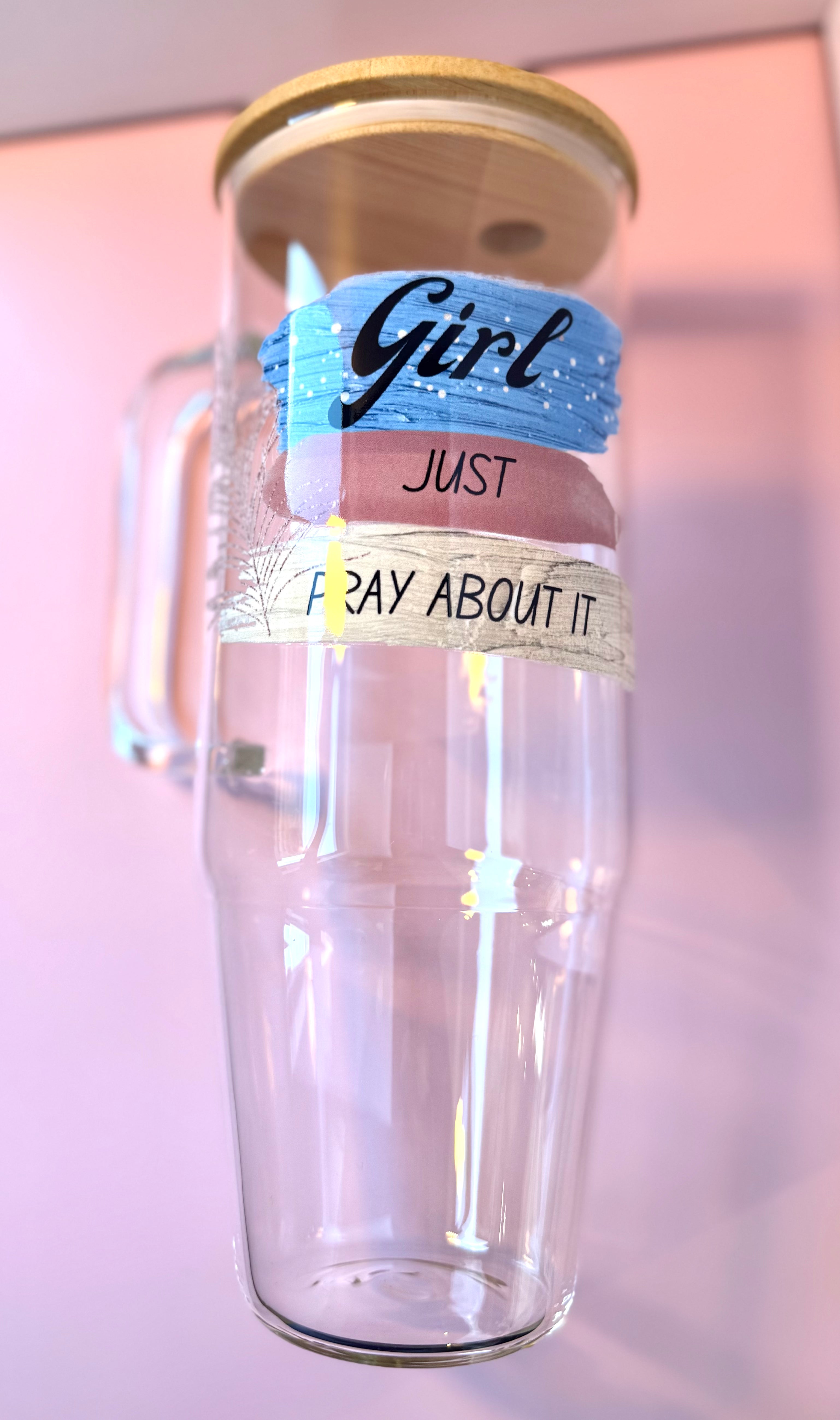 Girl Just Pray About It 40oz Clear Glass Tumbler with Handle, Glass Cups Mug with Bamboo Lid and Plastic Straw