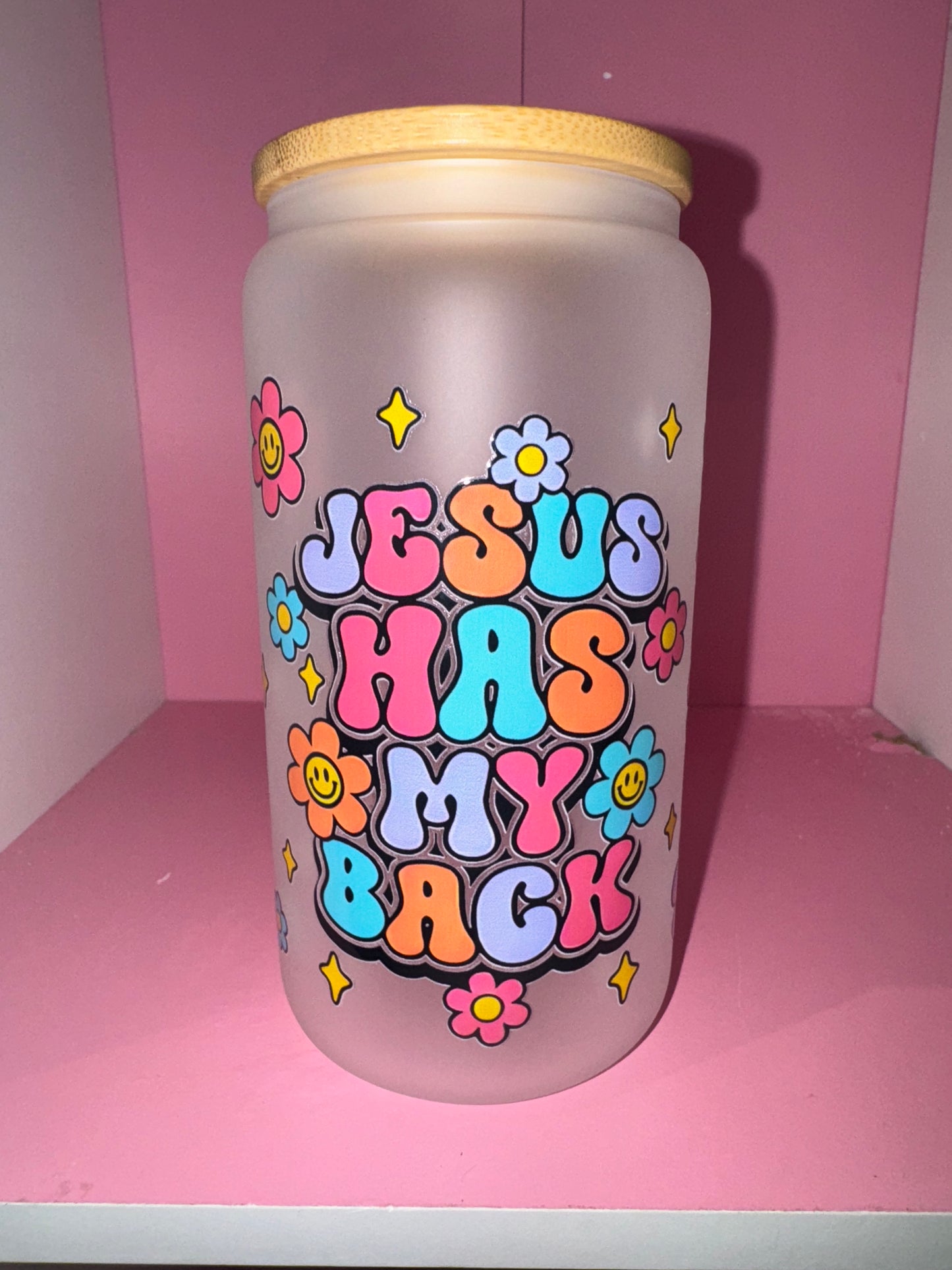 Jesus Has My Back Frosted Libbey Glass Cup 16oz