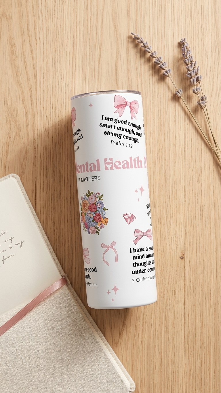 My Mental Health Matters Bible verse Christian tumbler with lid and straw – Quelinda