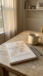 Daily journal on a wooden table with a mug and pen, soft natural light
