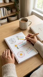 Person writing in a spiral-bound notebook with a cup of coffee on a wooden table.