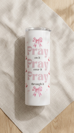 Pray on it pray over it pray through it Christian tumbler with pink bows and cherries – Quelinda