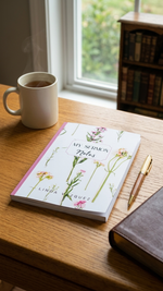 Notebook with floral design on a wooden table with a mug and pen.