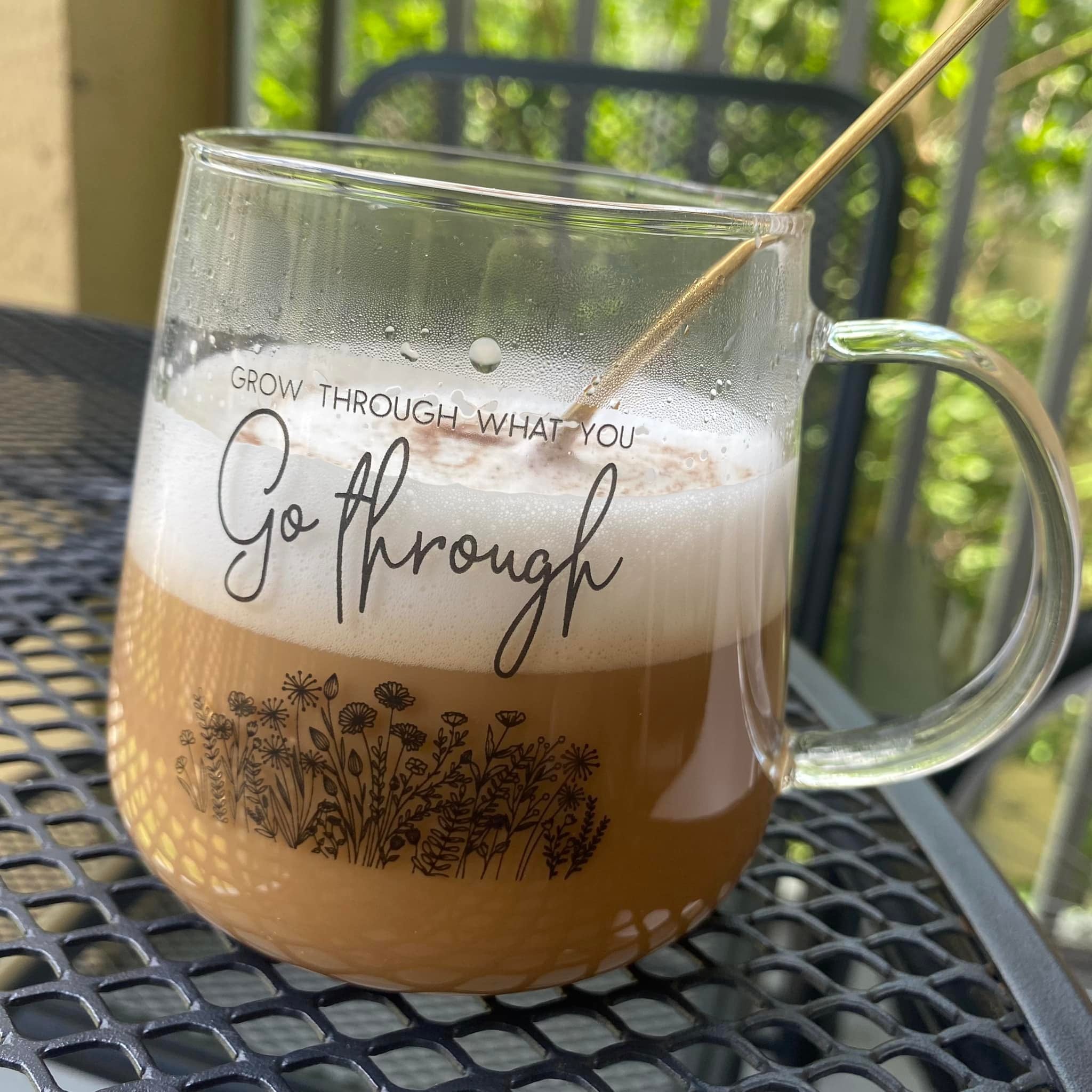 Grow through what you GO THROUGH | Inspirational Coffee Mug  | Clear Mug | Comes with gold spoon